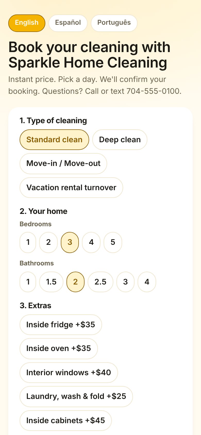Online booking page with instant price