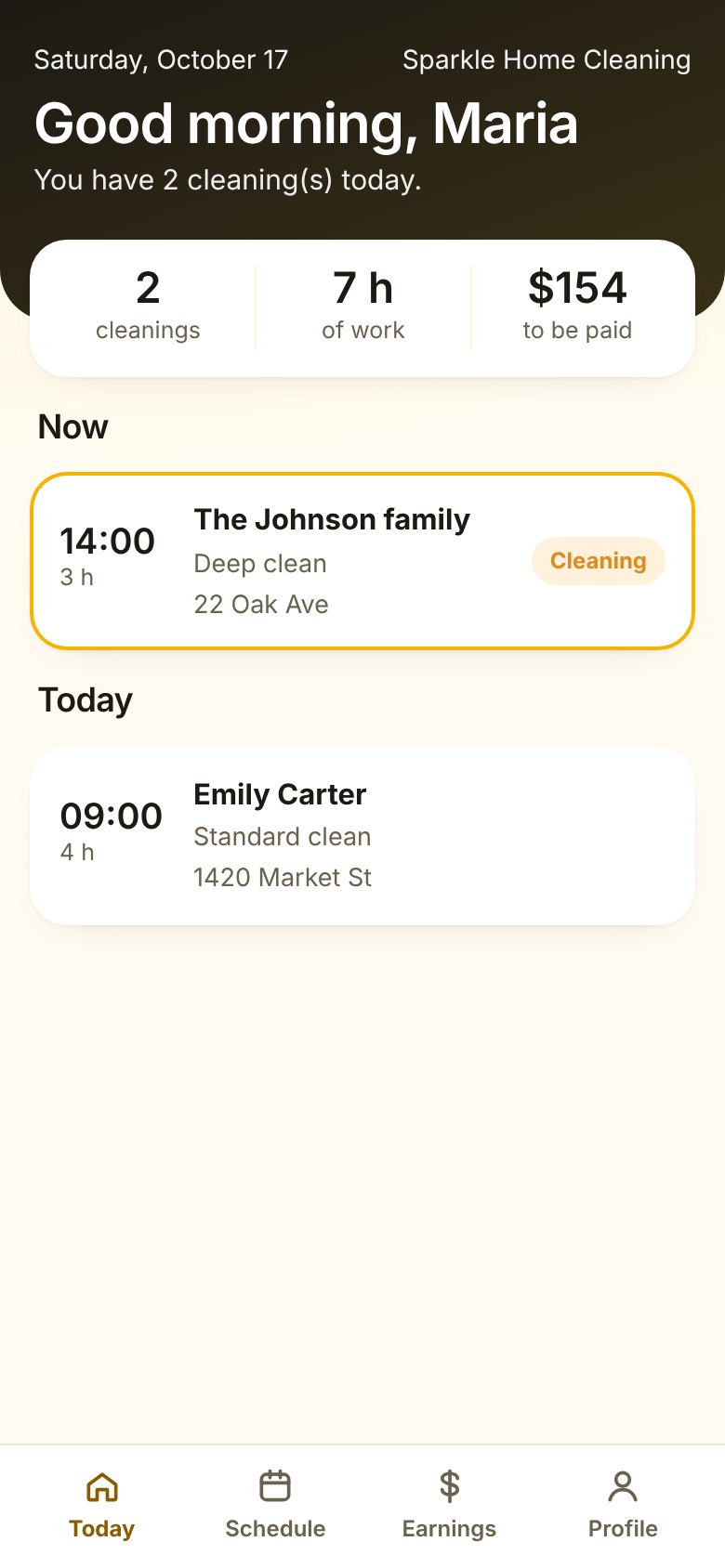 Cleaner app showing today's cleanings